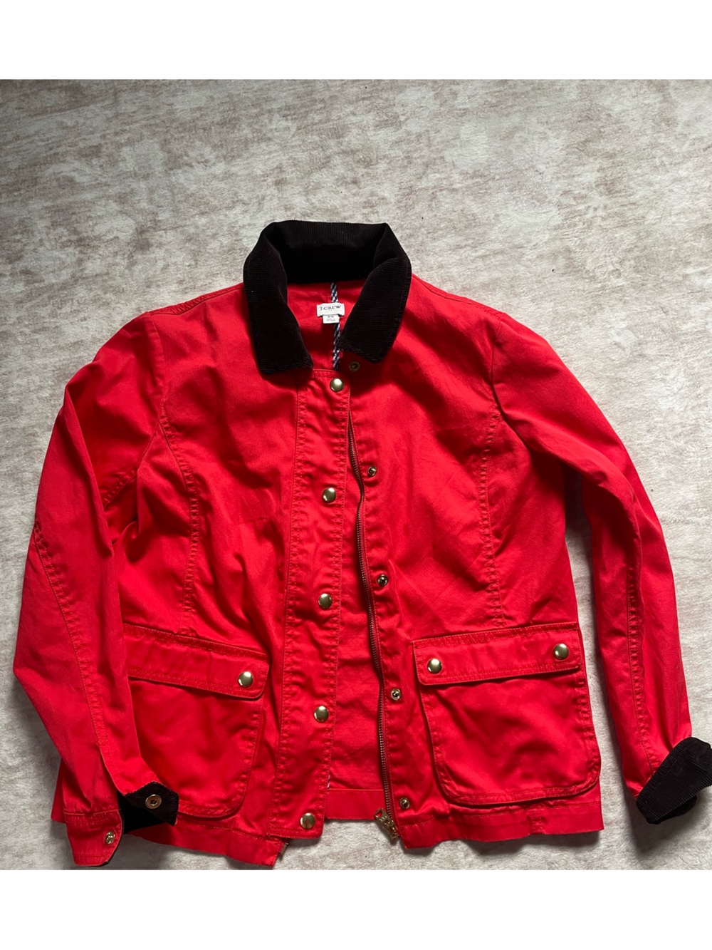 J crew Red Barn Jacket with Black Corduroy Collar and gold hardware